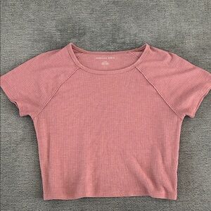 American Eagle Outfitters Ribbed Dusty Rose Short Sleeve Crop Top
